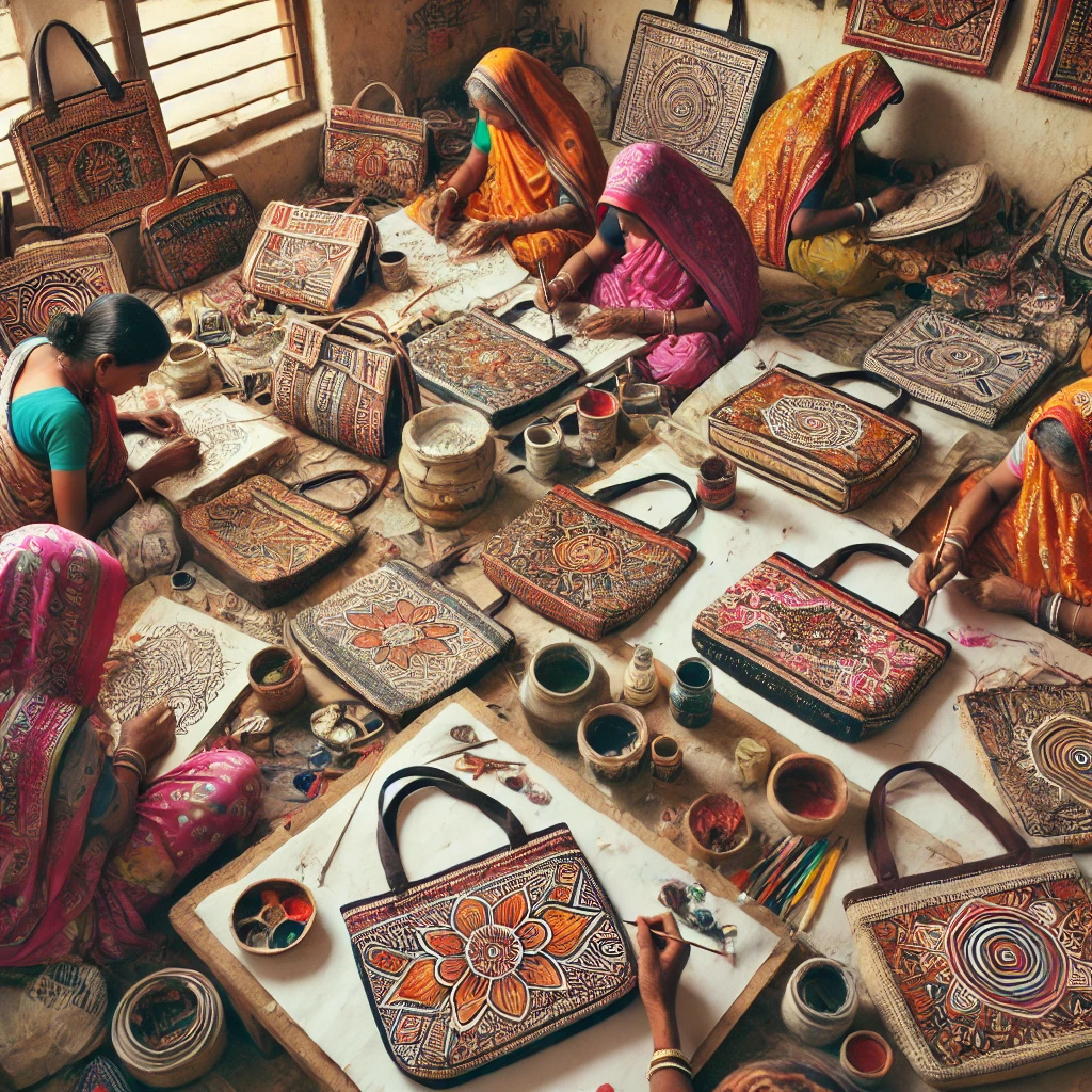 An image showcasing the work in progress of Madhubani handbags